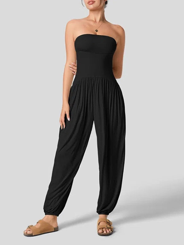 Loose Sleeveless Pleated Pockets Solid Color Tube Jumpsuits