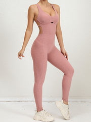 Skinny Wrap Back Cross Backless Hollow Solid Color Yoga Jumpsuits