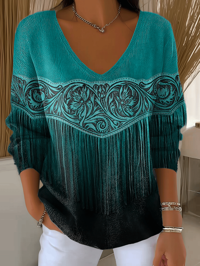 Women's Retro Western Print Long Sleeve Top