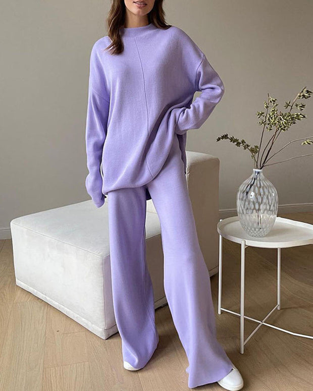 Knitted turtleneck loose top + pants two-piece set