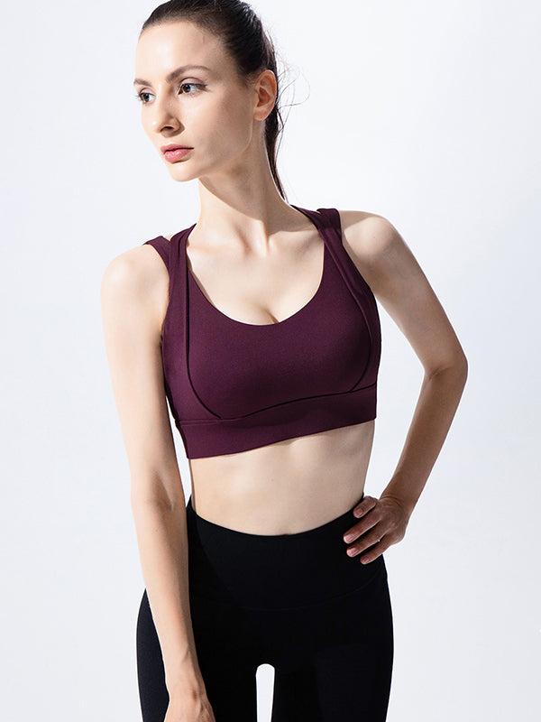 Wrap Back Cross Hollow Solid Color Spaghetti-Neck Sports Bra