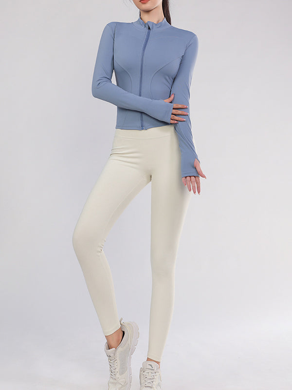 Long Sleeves Skinny Solid Color Zipper Stand Collar Yoga Tops