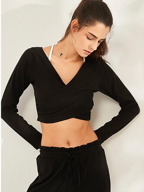 Solid Color V-Neck Exposed Navel Long Sleeves Tees