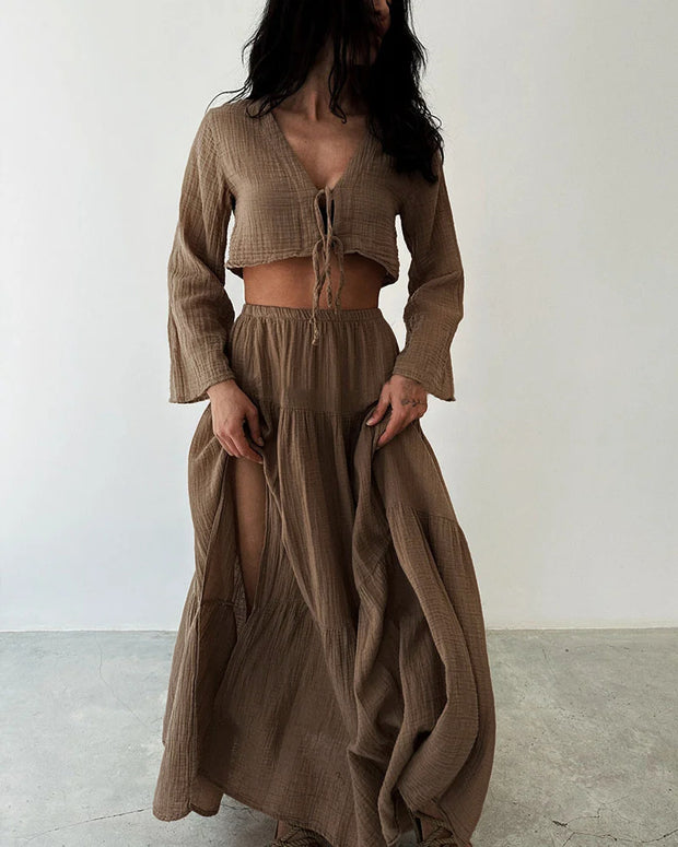 Fashionable lace-up slit cotton and linen two-piece set