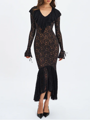 Sexy Long Sleeve Low-Cut Lace Stitching Dress