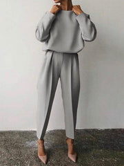 Casual Solid Color Round Neck Pencil Pants Suit