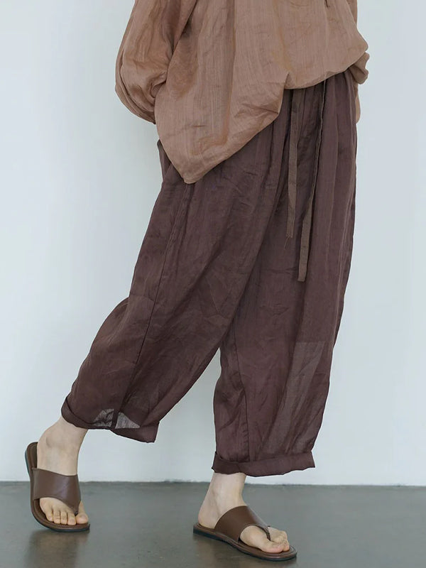 Solid Color Lace-up Cotton And Linen Pants