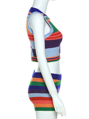 Sleeveless Multi-Colored Round-Neck Tank&Shorts Suits