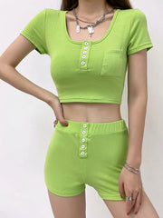 U-Neck Short Sleeve Top High-Waisted Shorts Button Casual Suit