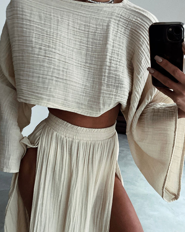 Chic slit cotton and linen casual two-piece set