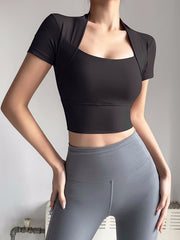 Short Sleeves Wrap Solid Color U-Neck Yoga Tops