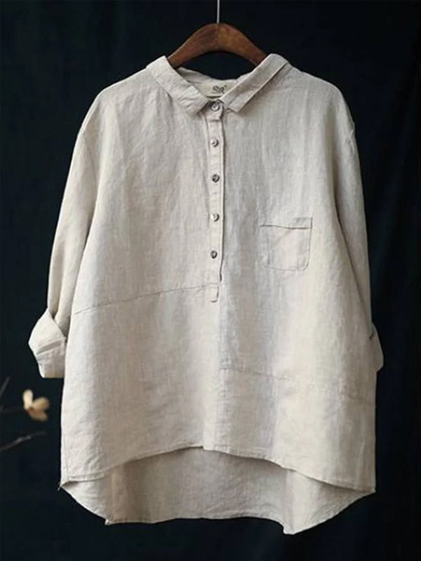 Round Neck Cotton And Linen Solid Color Top