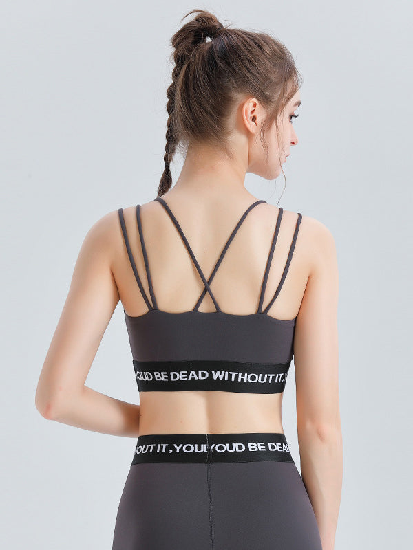 Wrap Back Cross Hollow Letter Print U-Neck Sports Bra