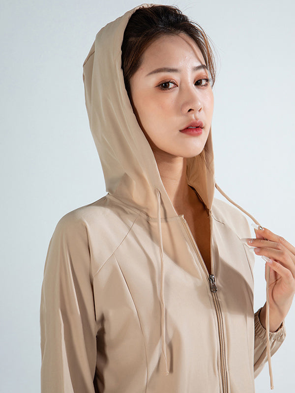 Long Sleeves Loose Hood Pockets Solid Color Zipper Yoga Tops