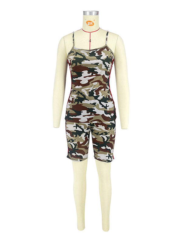 Camouflage Skinny Sleeveless Spaghetti-Neck Vest&Shorts Suits