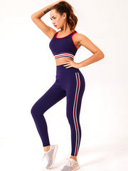 Contrast Color Striped Top Bra&Legging Fitness Suits